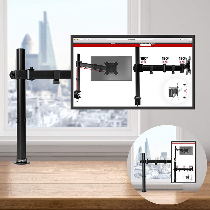 Duronic DM151X3 BK Supporto da scrivania per monitor 1332 | 8 kg con braccio estensore | Altezza regolabile | Inclinazione -15°/+15°, rotazione 180°, rotazione 360°| VESA 75/100