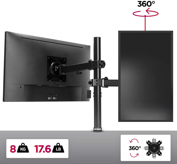 Duronic DM151X2 BK Supporto da scrivania per monitor 1332 | 8 kg con braccio estensore | Altezza regolabile | Inclinazione -15°/+15°, rotazione 180°, rotazione 360°| VESA 75/100