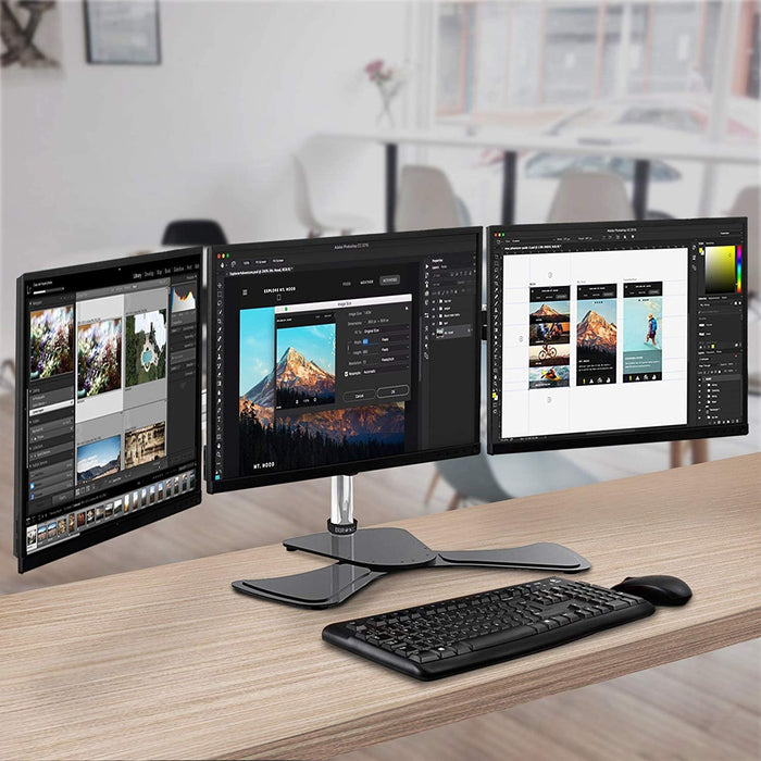 Duronic DM753 Supporto per 3 monitor - Base in acciaio per schermi fino a 24" - Altezza regolabile - Guida in alluminio per schermi fino a 8 kg - Inclinazione +/-15° - Rotazione schermi 360°