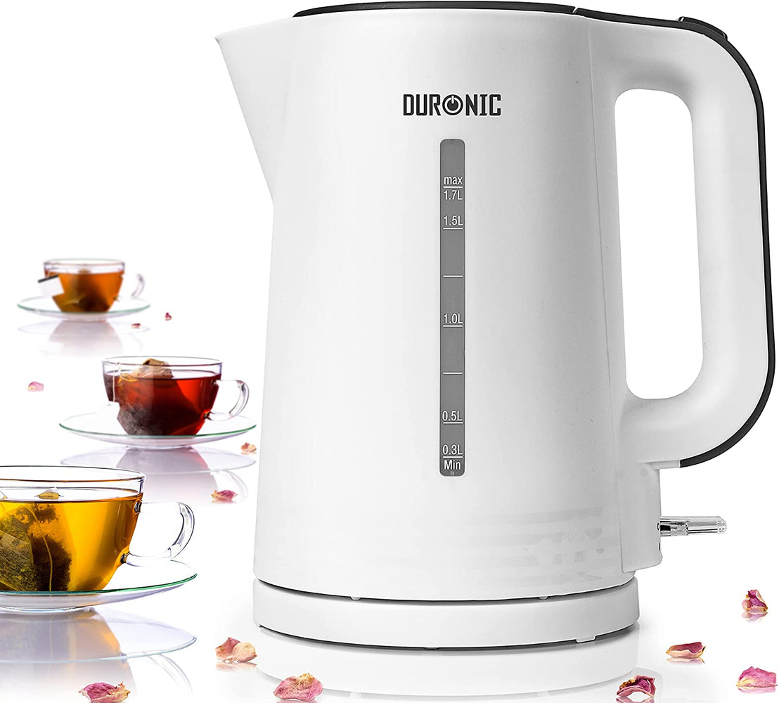 Duronic EK17 BK Bollitore acqua elettrico 2200W | Capacità 1,7 L | Spegnimento automatico | Base rotazione 360° | Filtro anticalcare | Bolli acqua bianco | Per Acqua Tè Tisane Caffè | Compatto