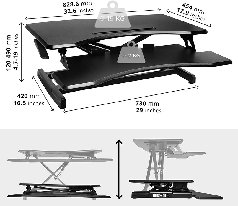 Duronic DM05D17 BK Postazione Lavoro  Altezza regolabile 12-49cm - Ampia Piattaforma 82-45cm - Portata 15kg  Scrivania ergonomica per Lavorare in Piedi con Supporto per Tastiera