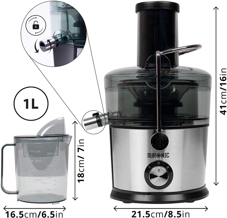 Duronic JE7C Centrifuga per frutta e verdura 800 W  Largo tubo di inserimento 85 mm per frutta intera - 2 velocità - contenitore polpa e caraffa per succhi  Per gustosi succhi di frutta o verdura