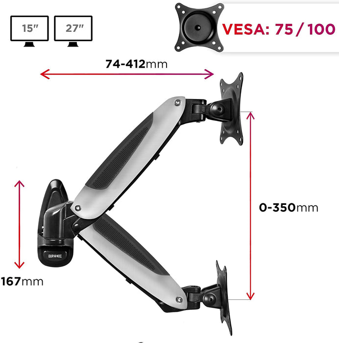 Duronic DM65W1X1 Supporto monitor da parete | Per schermi da 15 a 27 pollici | Inclinazione regolabile | Capacità 8 kg |VESA 70 100 | Supporto ergonomico murale | Con ganci gestione cavi | Universale