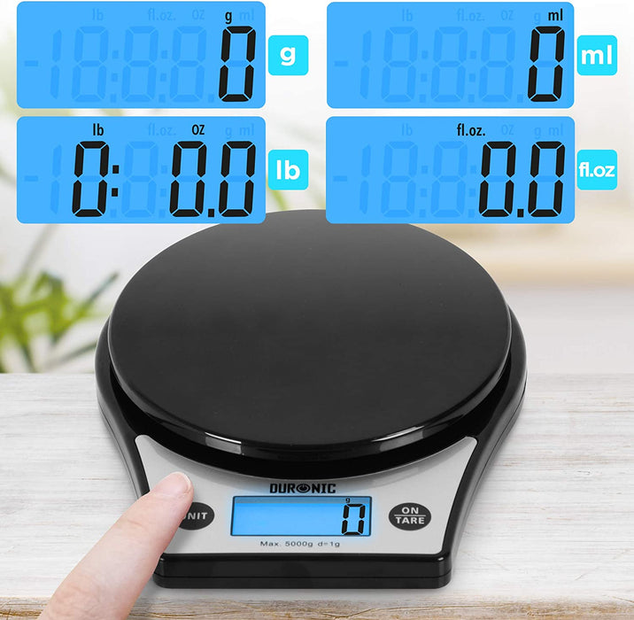 Duronic KS6000 BK Bilancia da cucina - Bilancia ad alta precisione con display digitale retro illuminato - Portata 1g / 5 kg con ciotola da 2L - Piattaforma nera - Funzione Tara