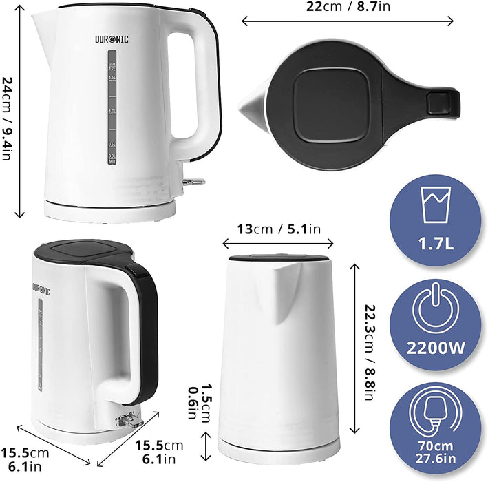 Duronic EK17 BK Bollitore acqua elettrico 2200W | Capacità 1,7 L | Spegnimento automatico | Base rotazione 360° | Filtro anticalcare | Bolli acqua bianco | Per Acqua Tè Tisane Caffè | Compatto