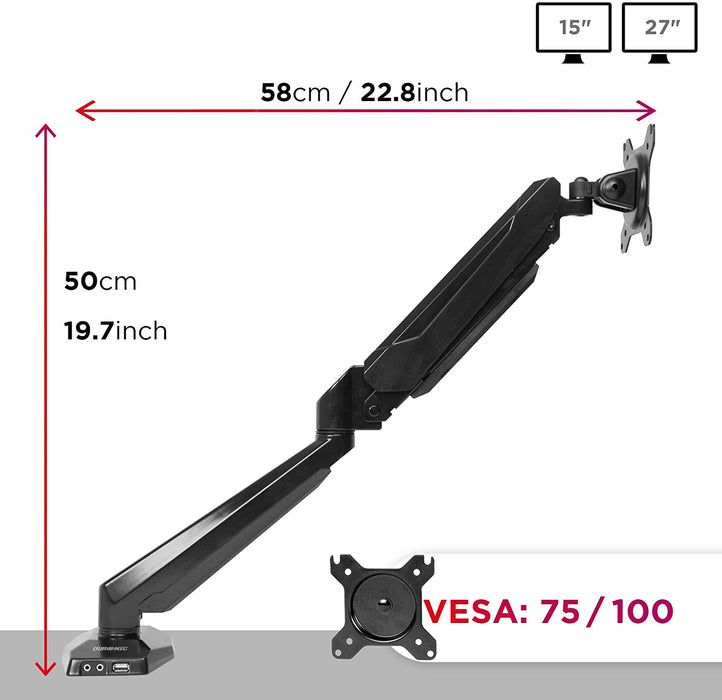 Duronic DMUSB5X1 Supporto da scrivania monitor 15  27 staffa schermo con braccio estensore regolazione a gas presa jack e USB alla base VESA MAX 100 x 100mm struttura in acciaio INOX portata 8kg