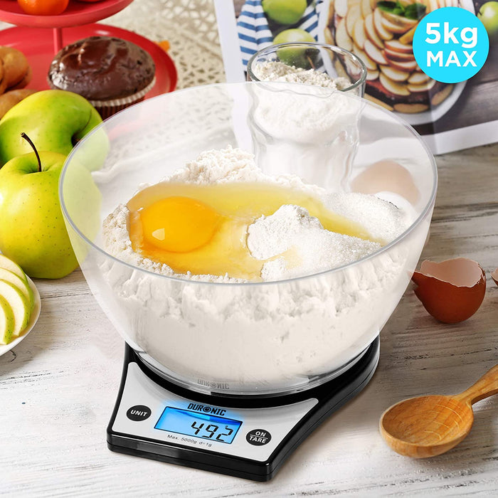 Duronic KS6000 BK Bilancia da cucina - Bilancia ad alta precisione con display digitale retro illuminato - Portata 1g / 5 kg con ciotola da 2L - Piattaforma nera - Funzione Tara