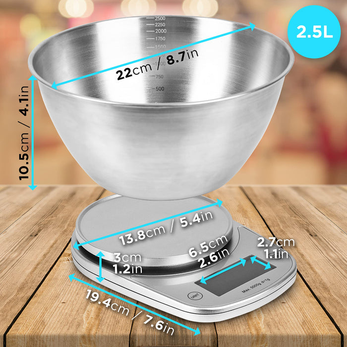 Duronic KS5000 SR/SS Bilancia da cucina digitale | Portata da 1g a 5kg | Ciotola in acciaio INOX 2,5L | Grande display retroilluminato | Funzione Tara | Bilancia ad alta precisione argento