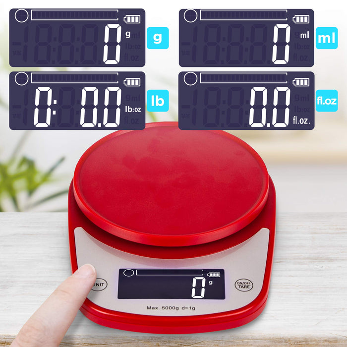 Duronic KS5000 RD/SS Bilancia da cucina digitale | Portata da 1g a 5kg | Ciotola in acciaio INOX 2,5L | Grande display retroilluminato | Funzione Tara | Bilancia ad alta precisione rossa