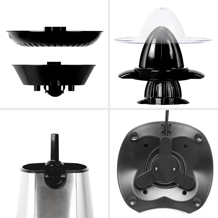 Duronic JE6 SR Spremiagrumi elettrico 100W, Estrattore in acciaio inox, Spremiagrumi automatico con filtro, Spremitore con 2 coni, per succo di arancia limone lime pompelmo, Beccuccio anti-goccia
