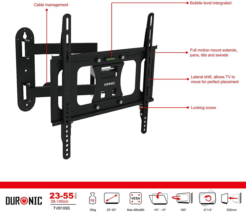 Duronic TVB109S Supporto TV da parete per TV da 23-55 portata 30kg | VESA MAX 400 x 400 mm con braccio girevole ed estendibile da 4 a 50cm | Staffa snodata inclinabile per TV o monitor