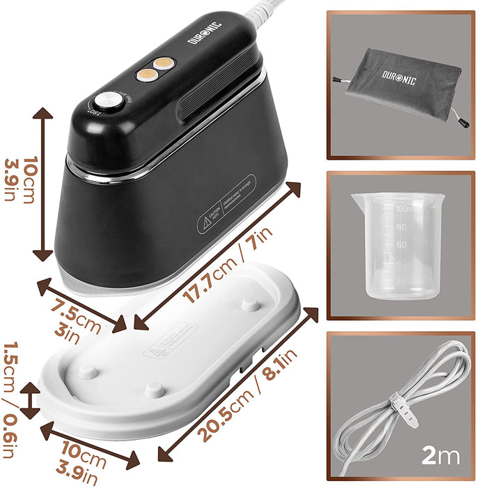 Duronic HS90 BK ferro da stiro 2 in 1 | Ferro da stiro verticale 1200 W | Impugnatura pieghevole | Serbatoio 90 ml | Mini-ferro da stiro da viaggio | Misurino, custodia e base inclusi