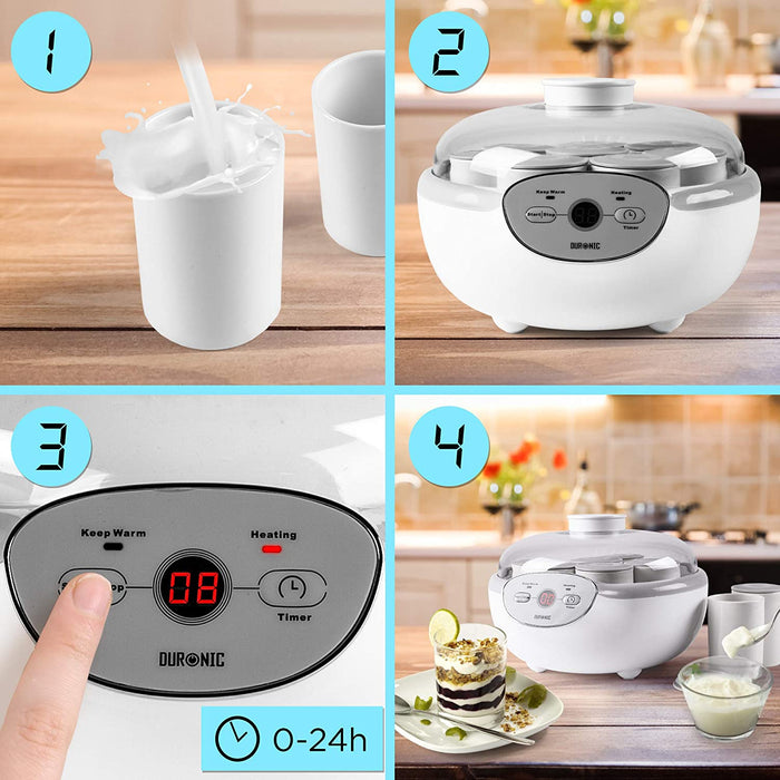Duronic YM2 Yogurtiera elettrica automatica  8 vasetti in ceramica da 125 ml - Macchina per yogurt con display digitale timer impostabile - Ideale per preparare yogurt fatti in casa