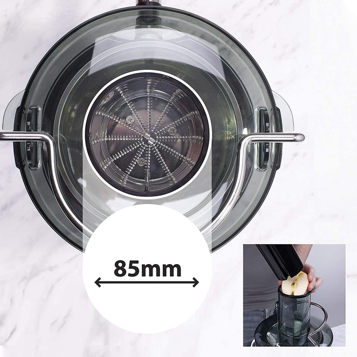 Duronic JE7C Centrifuga per frutta e verdura 800 W  Largo tubo di inserimento 85 mm per frutta intera - 2 velocità - contenitore polpa e caraffa per succhi  Per gustosi succhi di frutta o verdura