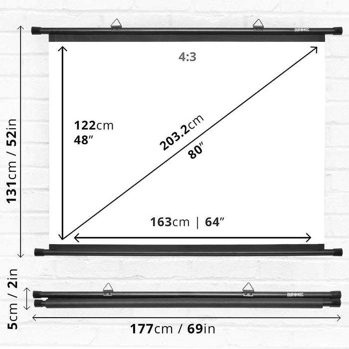 Duronic BPS80 4:3 Telo Proiettore 80 pollici, Schermo per proiettore, Telo da proiezione interno esterno, Home theater cinema Full HD 3D 4K, Schermo di proiezione anti pieghe per casa ufficio scuola
