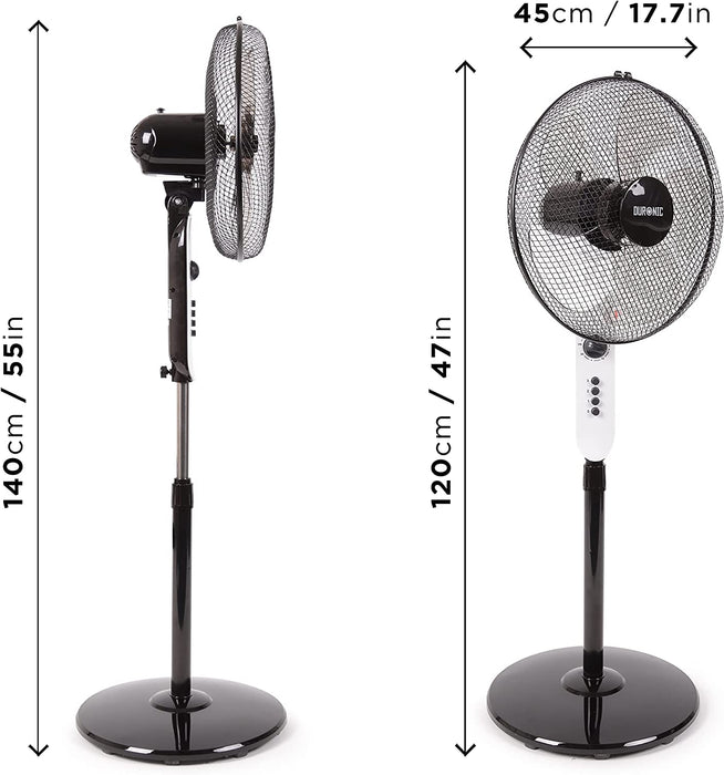 Duronic FN45 Ventilatore a piantana 60W | 3 velocità | 120 a 140 cm regolabile in altezza | 5 Pale ultra silenzioso con timer fino a 1h | Ventola oscillante | Base circolare | Per uso notturno