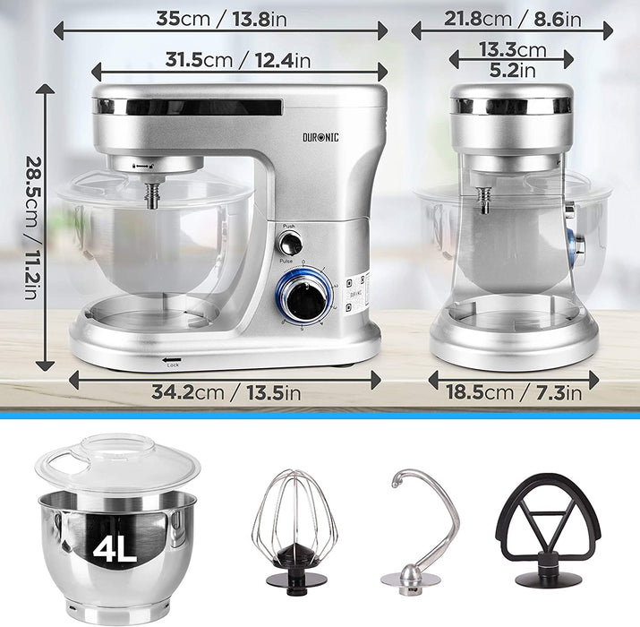 Duronic SM104 Robot da cucina | Impastatrice elettrica 1000 W | 6 Velocità e funzione pulse | Ciotola da 4 L e paraspruzzi | 3 ganci inclusi | Ideale per pasticceria e impasti