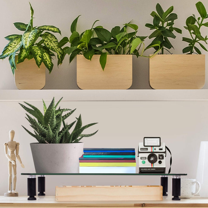 Duronic DM052-4 Supporto monitor scrivania dimensioni 70 x 24 cm - Supporto da tavolo regolabile per monitor e Laptop - Vetro temperato nero - Capacità 20kg - Mensola ergonomica per scrivania