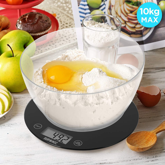 Duronic KS7000 Bilancia da cucina - Bilancia ad alta precisione con display digitale - Portata 1g / 10 kg con ciotola da 2L - Piattaforma nera e trasparente - Funzione Tara