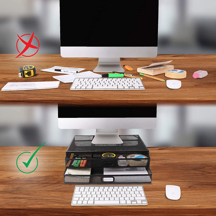 Duronic DM073 Supporto Monitor con 2 cassetti | Capacità 10 kg | Dimensioni 40 cm x 30 cm | Supporto da Tavolo in Metallo | Piattaforma ergonomica per Monitor Laptop Tablet | Con Porta oggetti