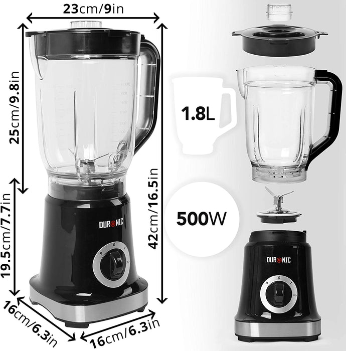 Duronic BL5 Frullatore elettrico 500W con caraffa ABS 1,8L e 4 lame | 2 velocità e funzione puls |Tritatutto blender con funzione tritaghiaccio | Mixer da tavolo per Smoothie Frullati Granite