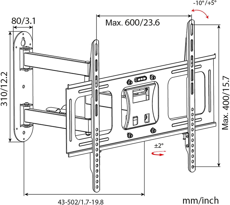 Duronic TVB109M Supporto TV da parete per TV da 32a 70 portata 35kg | VESA MAX 600 x 400 mm con braccio girevole ed estendibile da 4 a 50cm | Staffa snodata inclinabile per TV o monitor