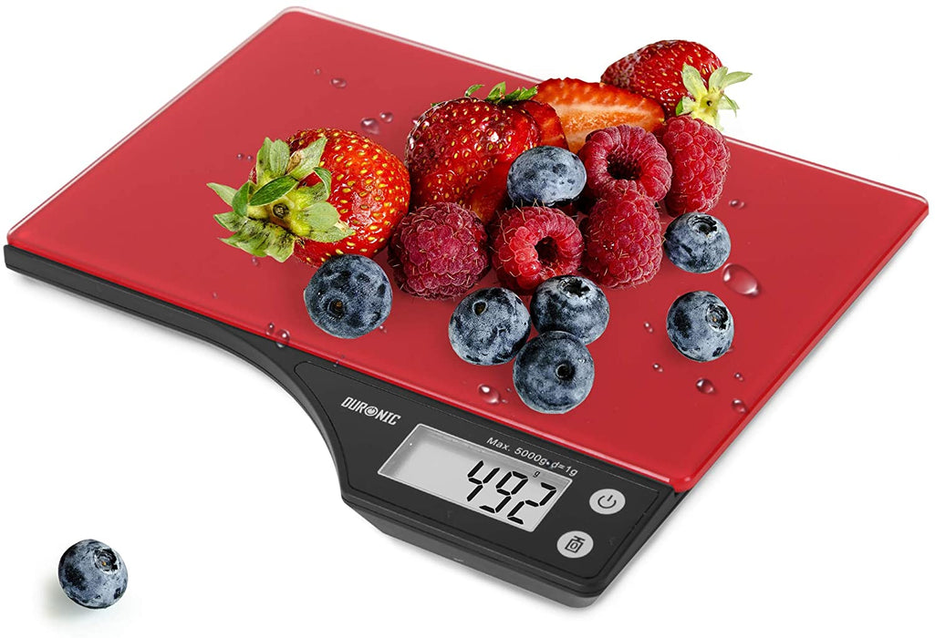 Duronic KS350 Bilancia da cucina - Bilancia ad alta precisione con display digitale - Portata 1g / 5 kg - Piattaforma in vetro Rossa - Funzione Tara - Ideale per cucina e pasticceria
