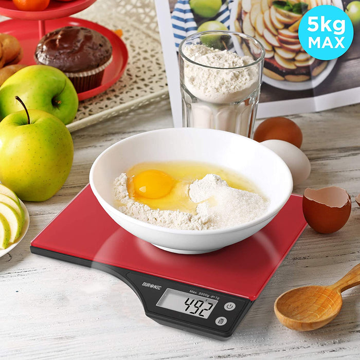 Duronic KS350 Bilancia da cucina - Bilancia ad alta precisione con display digitale - Portata 1g / 5 kg - Piattaforma in vetro Rossa - Funzione Tara - Ideale per cucina e pasticceria