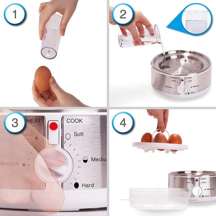 Duronic EB35 WE Cuociuova elettrico 350W Cuoci uova fino a 7 uova Bollitore uova per uova Sode Medie Alla coque Cuocitore di Uova con 2 vassoi per Frittata e uovo in camicia Omelet maker Egg cooker