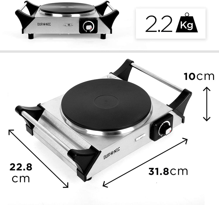 Duronic HP1 SS Fornello elettrico 1500W | 1 Piastra elettriche in ghisa con manici per il trasporto e Temperatura regolabile | Piano cottura 1 fuoco ideale per campeggio esterno o interni | Argento