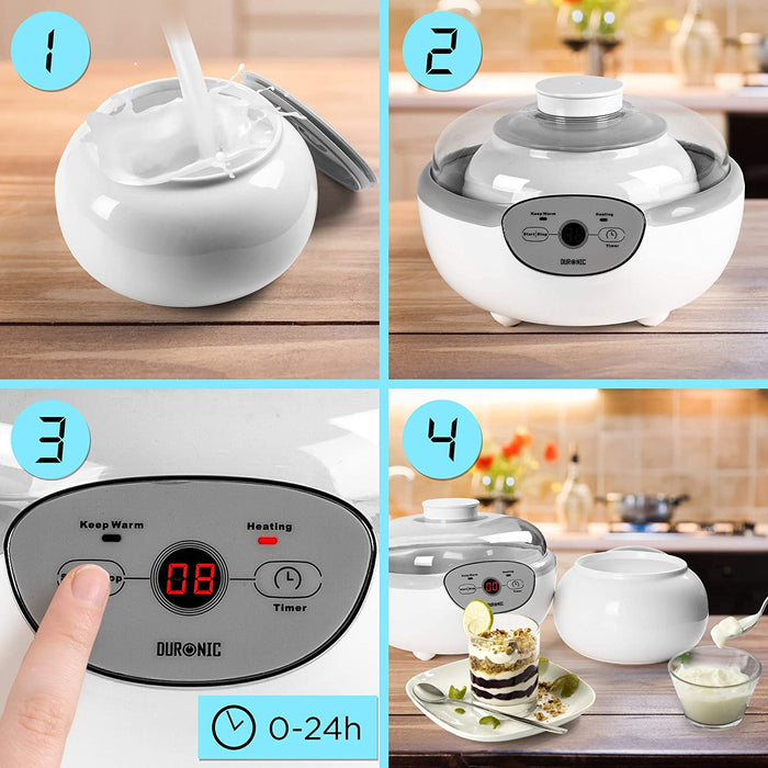 Duronic YM1 Yogurtiera elettrica automatica  1 vasetto in ceramica da 1.5 litri - Macchina per yogurt con display digitale timer impostabile - Ideale per preparare yogurt fatti in casa