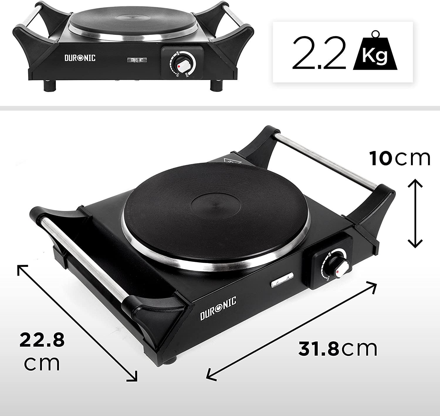 Duronic HP1 BK Fornello elettrico 1500W | 1 Piastra elettriche in ghisa con manici per il trasporto e Temperatura regolabile | Piano cottura 1 fuoco ideale per campeggio esterno o interni | Nero