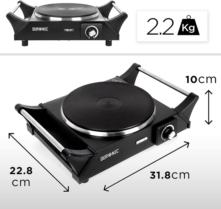 Duronic HP1 BK Fornello elettrico 1500W | 1 Piastra elettriche in ghisa con manici per il trasporto e Temperatura regolabile | Piano cottura 1 fuoco ideale per campeggio esterno o interni | Nero