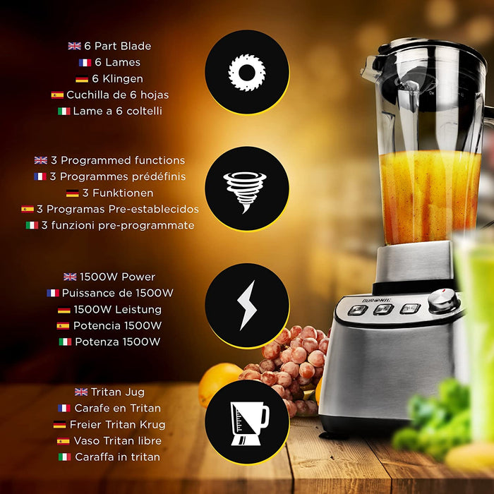 Duronic BL1510 Frullatore elettrico 1500W con caraffa in tritan 2L e 6 lame | 3 Funzioni e velocità variabile | Blender con funzione tritaghiaccio | Mixer potente per Smoothie Frullati Granite