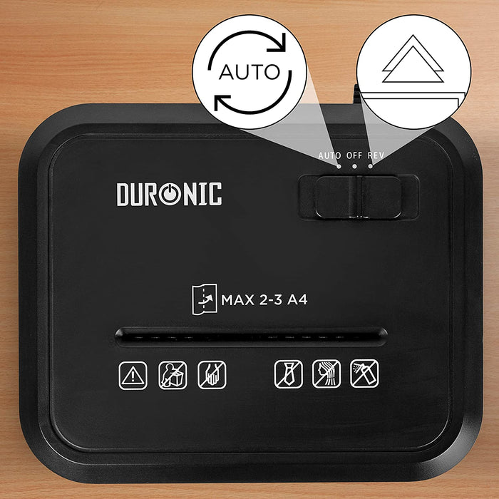 Duronic PS132 Mini Distruggidocumenti | 3 x A4 piegati | Capacità 3,5L | Taglio incrociato elettrico 120 W | Per casa e ufficio | Distruggi documenti per scrivania | Cestino a cassetto rimovibile