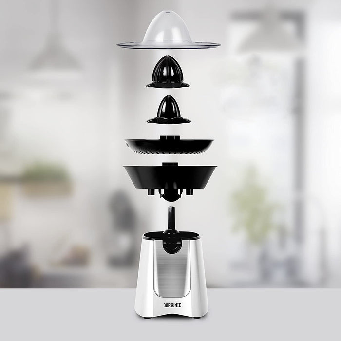 Duronic JE6 SR Spremiagrumi elettrico 100W, Estrattore in acciaio inox, Spremiagrumi automatico con filtro, Spremitore con 2 coni, per succo di arancia limone lime pompelmo, Beccuccio anti-goccia