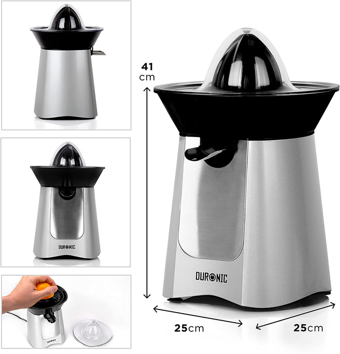 Duronic JE6 SR Spremiagrumi elettrico 100W, Estrattore in acciaio inox, Spremiagrumi automatico con filtro, Spremitore con 2 coni, per succo di arancia limone lime pompelmo, Beccuccio anti-goccia
