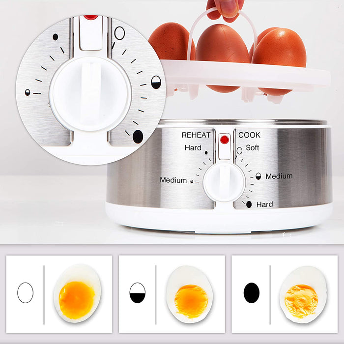 Duronic EB35 WE Cuociuova elettrico 350W Cuoci uova fino a 7 uova Bollitore uova per uova Sode Medie Alla coque Cuocitore di Uova con 2 vassoi per Frittata e uovo in camicia Omelet maker Egg cooker