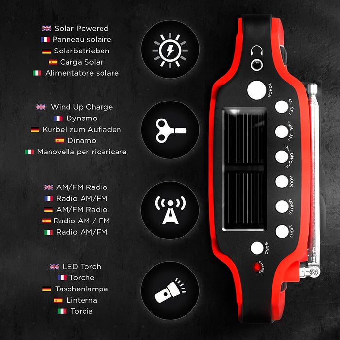 Duronic Apex Radio AM/FM – Ricarica solare, USB o dinamo – torcia – Jack per cuffie e funzione sveglia – Portatile con display digitale retroilluminato – ideale per uso d’emergenza, campeggio, escursioni