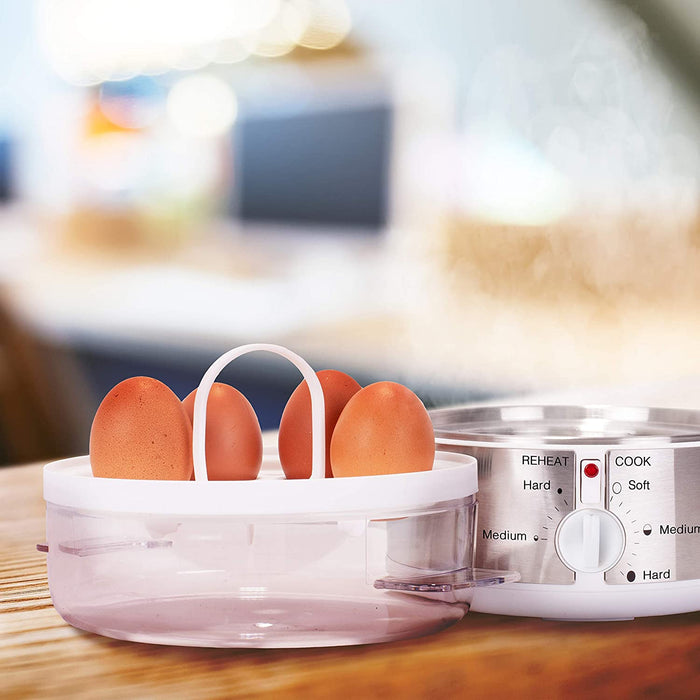 Duronic EB35 WE Cuociuova elettrico 350W Cuoci uova fino a 7 uova Bollitore uova per uova Sode Medie Alla coque Cuocitore di Uova con 2 vassoi per Frittata e uovo in camicia Omelet maker Egg cooker