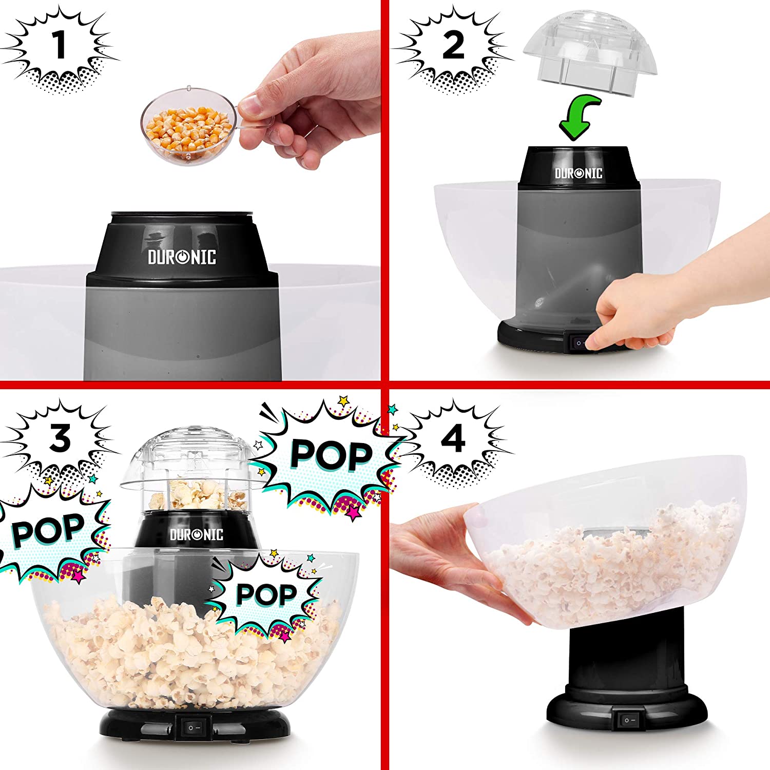 Duronic POP50 BK Macchina per Popcorn ad aria calda Capacità di 50 g con ciotola rimovibile Senza grassi o oli Pop-corn senza olio Basso contenuto calorico