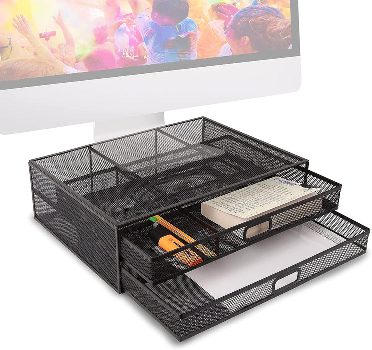 Duronic DM073 Supporto Monitor con 2 cassetti | Capacità 10 kg | Dimensioni 40 cm x 30 cm | Supporto da Tavolo in Metallo | Piattaforma ergonomica per Monitor Laptop Tablet | Con Porta oggetti