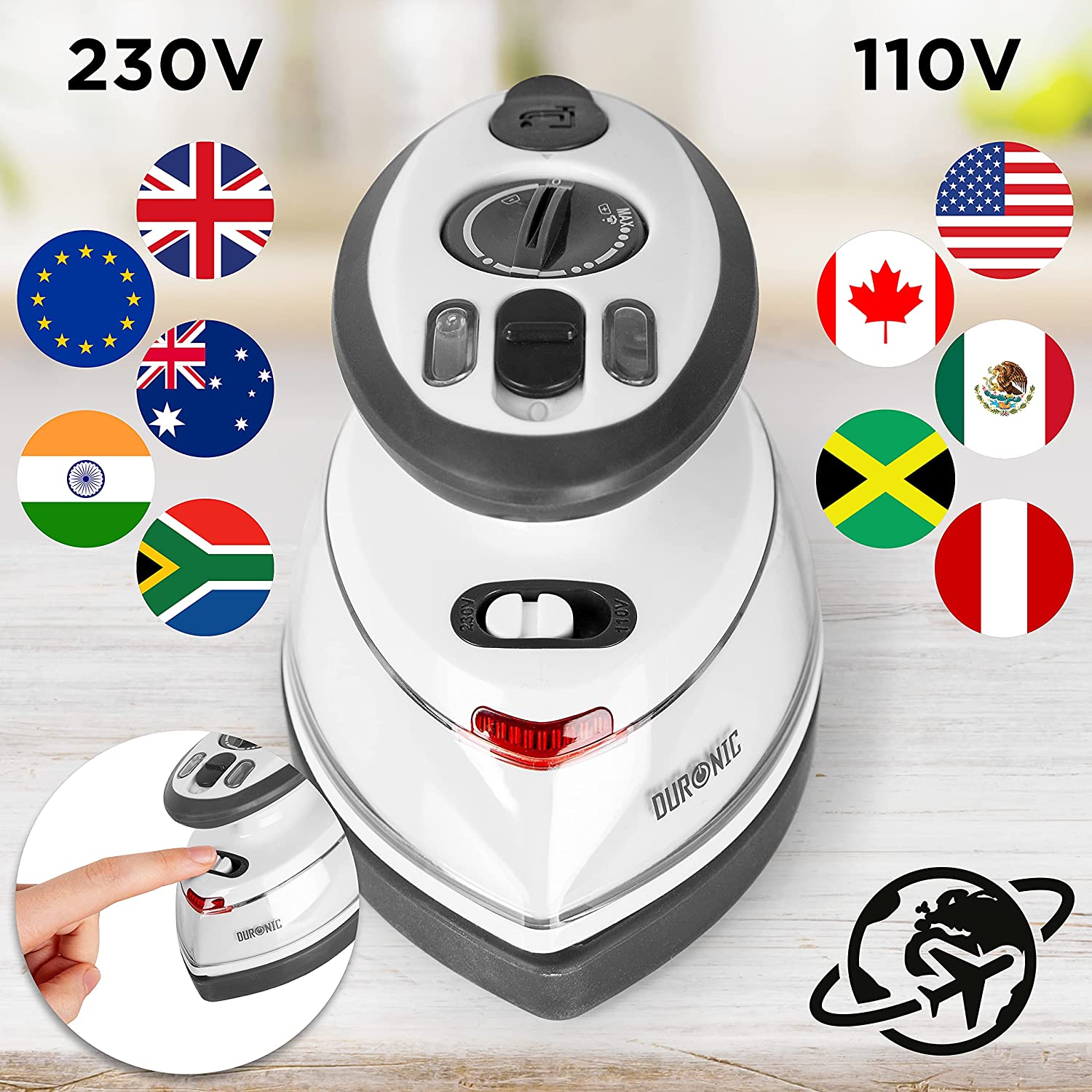 Duronic SI3 WE Mini Ferro da Stiro | Ferro da viaggio a vapore 400W | Serbatoio 35ml | Steamer portatile con base dappoggio e borsello da viaggio | Per lavori di cucito, quilting | Bianco