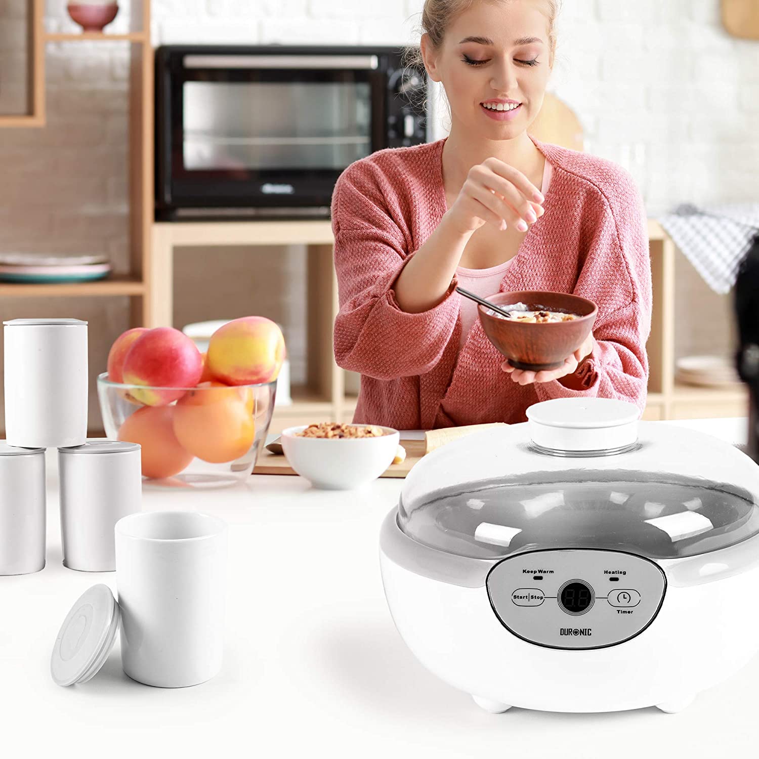 Duronic YM2 Yogurtiera elettrica automatica  8 vasetti in ceramica da 125 ml - Macchina per yogurt con display digitale timer impostabile - Ideale per preparare yogurt fatti in casa