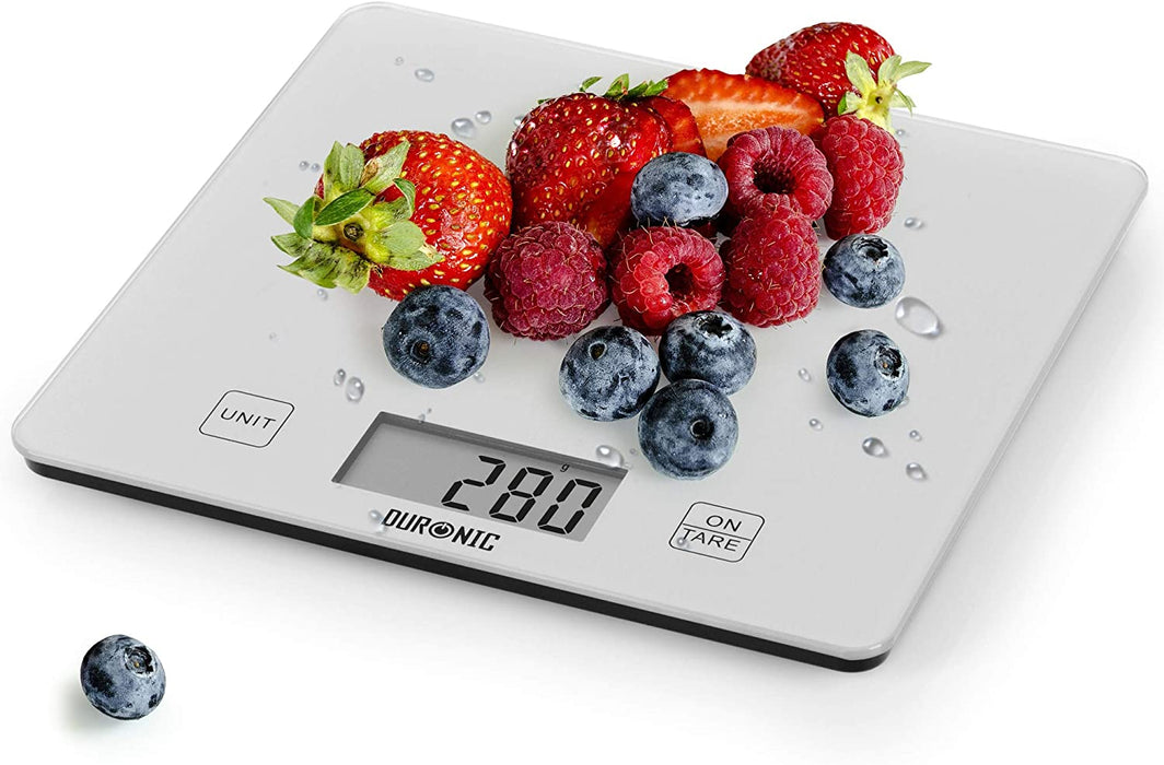 Duronic KS1080 Bilancia da cucina - Bilancia ad alta precisione con display digitale - Portata 1g / 5 kg - Piattaforma in vetro argento - Funzione Tara - Ideale per cucina e pasticceria