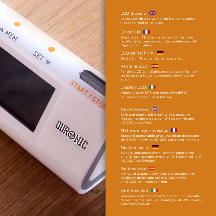 Duronic BPM450 Misuratore di pressione elettrico arteriosa da braccio | Manicotto da 22 a 42 cm | Ampio display LCD | Rilevatore automatico per pressione sanguigna digitale | Frequenza cardiaca