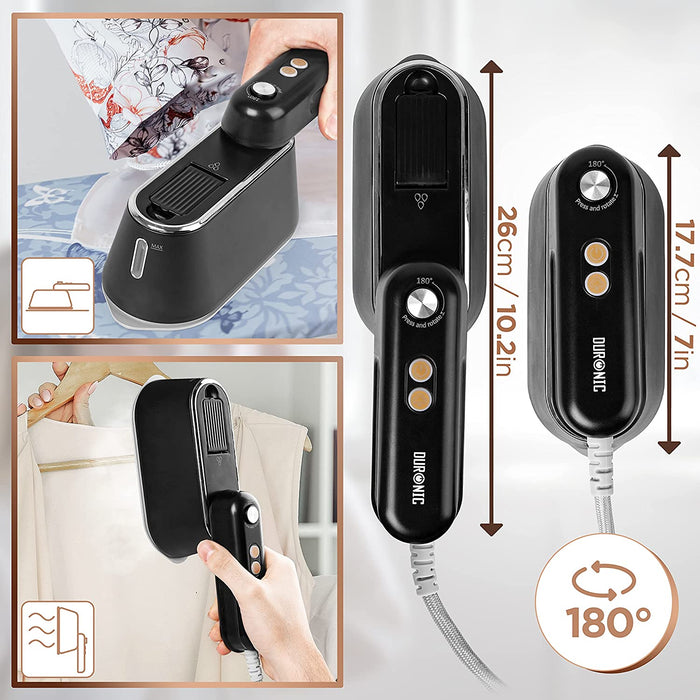 Duronic HS90 BK ferro da stiro 2 in 1 | Ferro da stiro verticale 1200 W | Impugnatura pieghevole | Serbatoio 90 ml | Mini-ferro da stiro da viaggio | Misurino, custodia e base inclusi