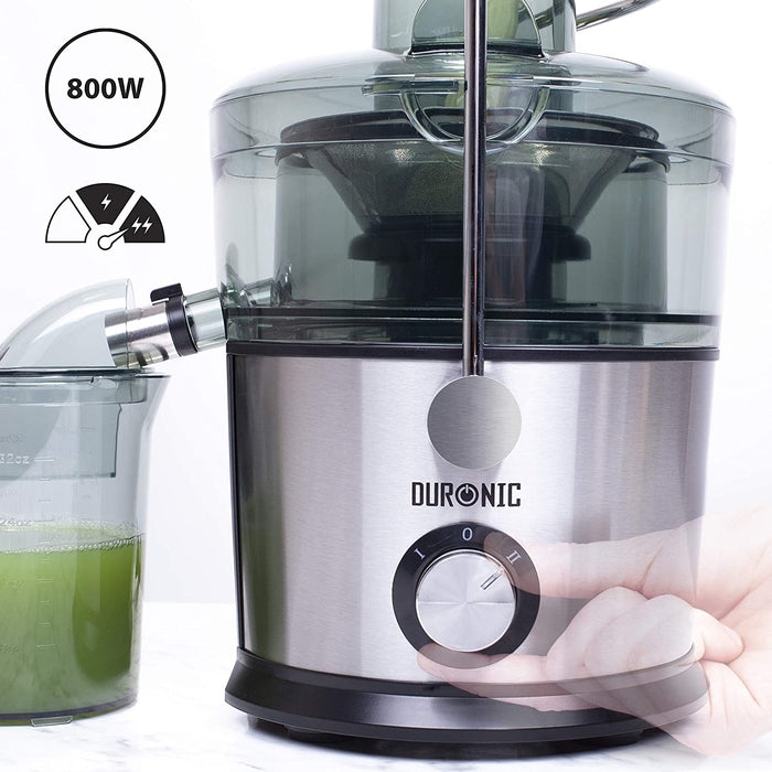Duronic JE7C Centrifuga per frutta e verdura 800 W  Largo tubo di inserimento 85 mm per frutta intera - 2 velocità - contenitore polpa e caraffa per succhi  Per gustosi succhi di frutta o verdura