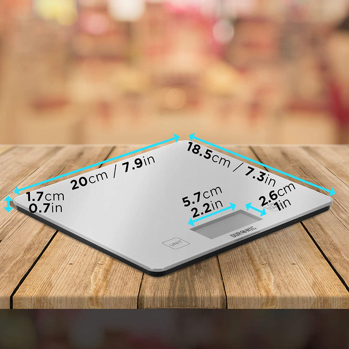 Duronic KS1080 Bilancia da cucina - Bilancia ad alta precisione con display digitale - Portata 1g / 5 kg - Piattaforma in vetro argento - Funzione Tara - Ideale per cucina e pasticceria