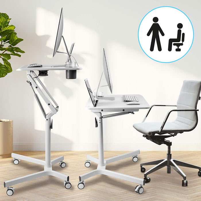 Duronic WPS57 Supporto proiettore e scrivania ergonomica | Altezza regolabile | Piattaforma 70x52 cm | Capacità 10 kg | Tavolo multiuso su ruote | Scrivania con portabicchieri e supporto per tablet